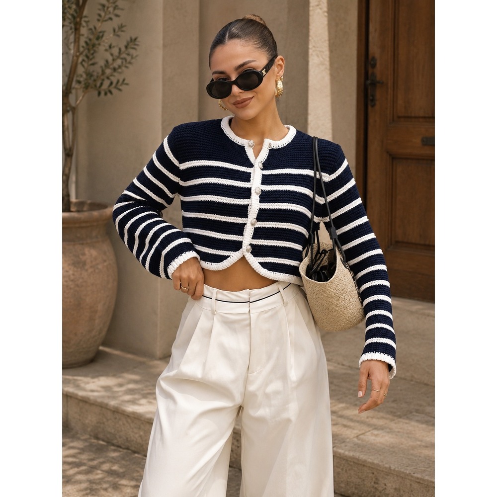 Commense Cropped Black White Striped Cardigan Silver Buttons Size M